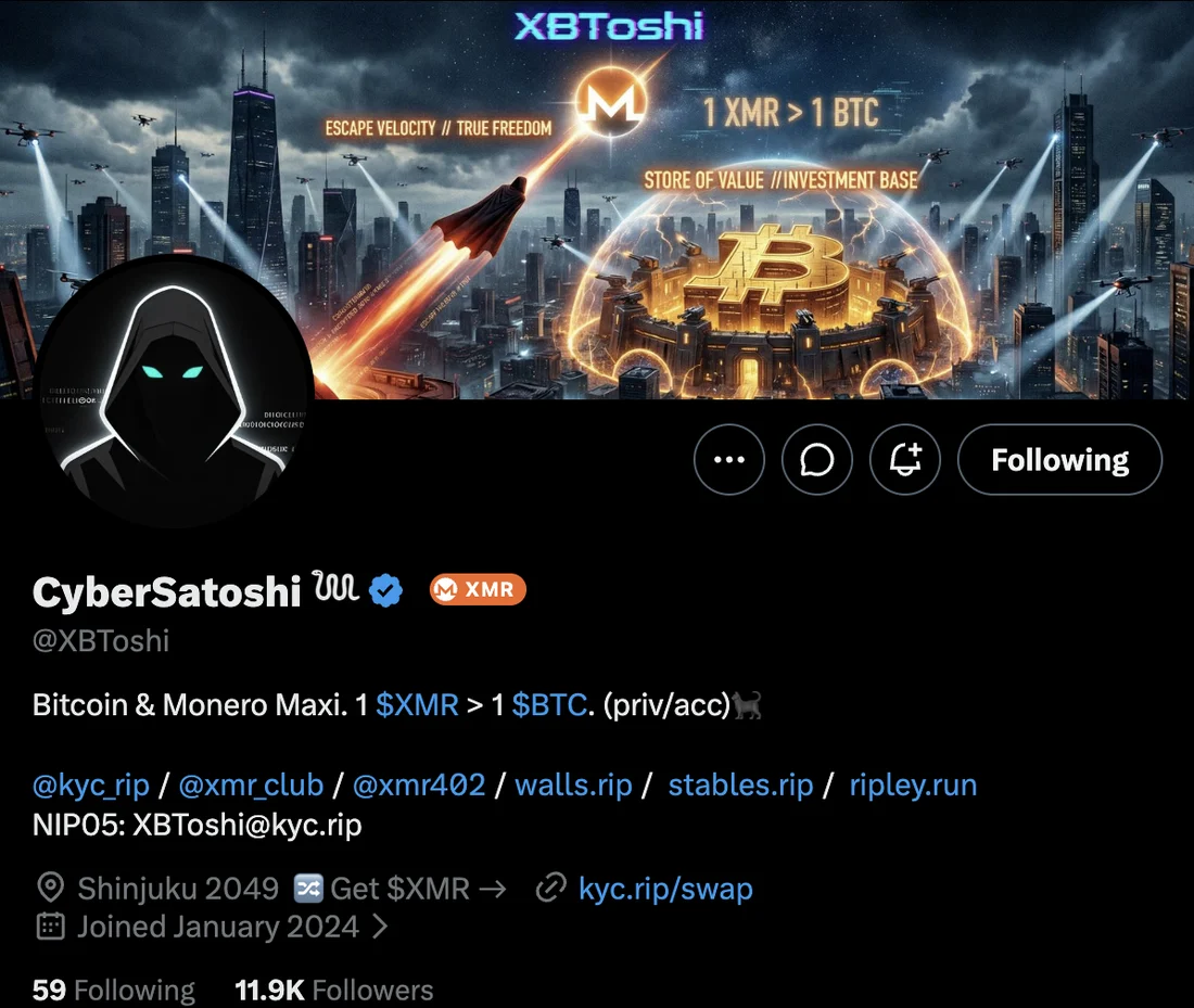 An X profile with an orange XMR badge next to the name