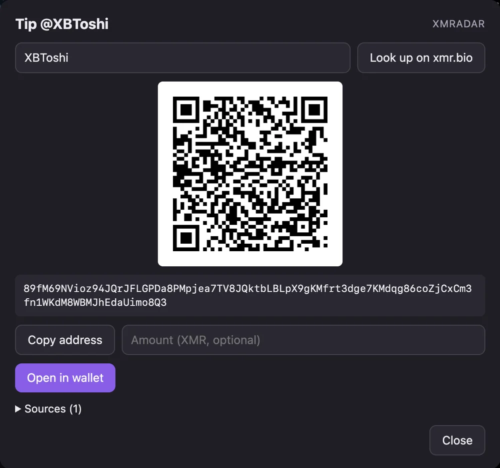 The tip popup with a QR code, the Monero address and an Open in wallet button